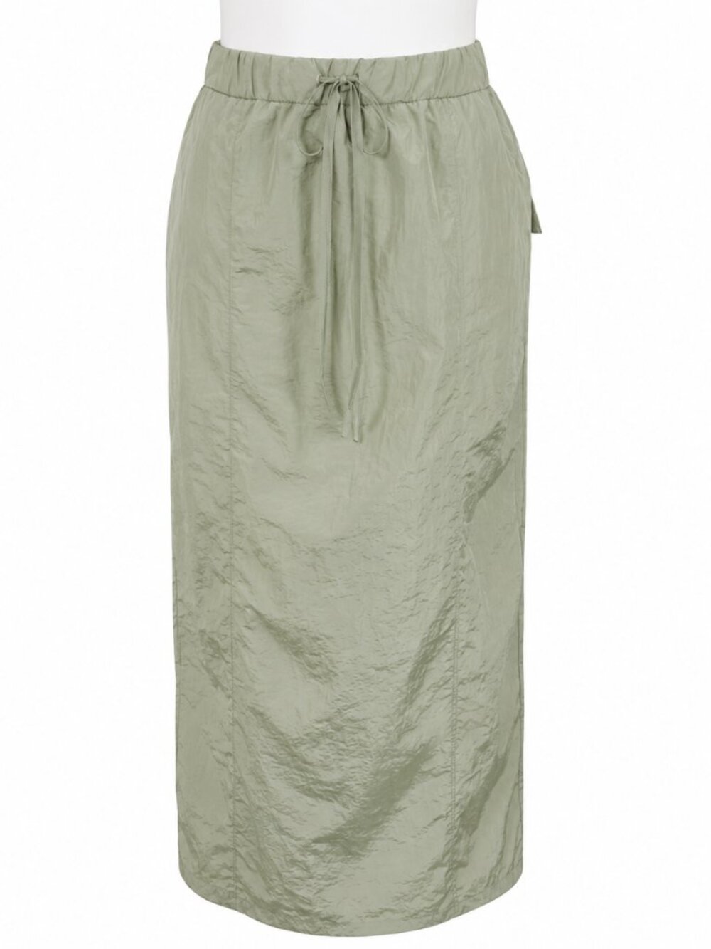 Small green skirt, drawstring elastic waist, back split & parachute feel.